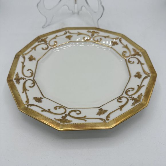 Antique Limoges Plate 9.25” Gold Trim France 12-sided Embossed Scroll - Picture 10 of 14